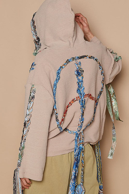 POL Contrast Thread Peace Back Hooded Sweater