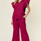 Double Take Texture Ruffle Short Sleeve Top and Drawstring Wide Leg Pants Set