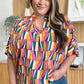 Double Take Full Size Geometric Notched Raglan Sleeve Blouse