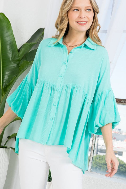 Plus Solid Button Down Blouse