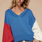 POL Exposed Seam Contrast V-Neck Lantern Sleeve Sweater