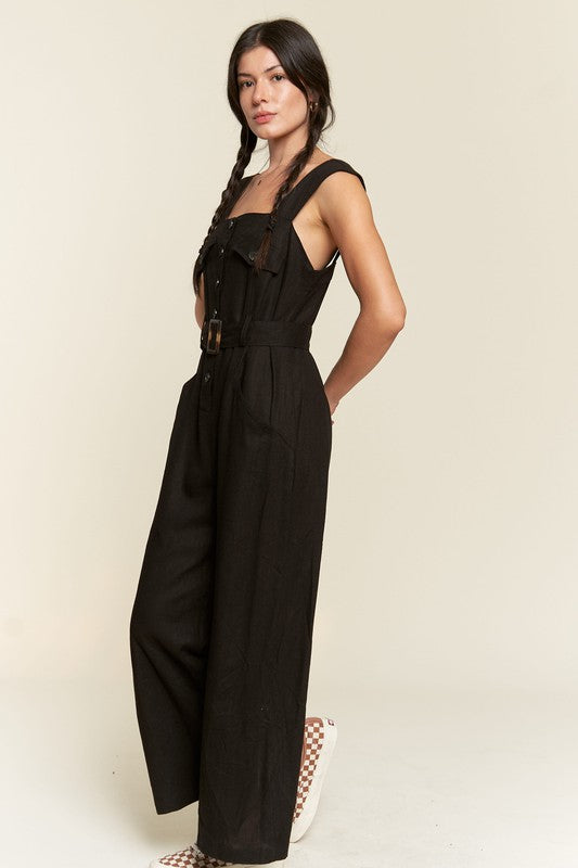 Plus Sleeveless Square Neck Button Ankle Jumpsuit