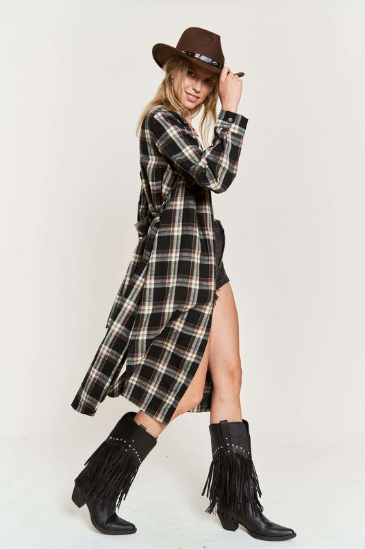 Plaid Print Collar Long Shirt Dress Plus