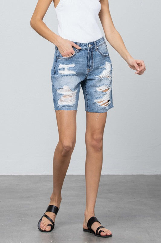 Ripped Raw Hem Bermuda Denim Shorts