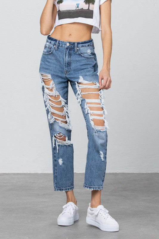 High Rise Heavy Destroyed Mom Jeans