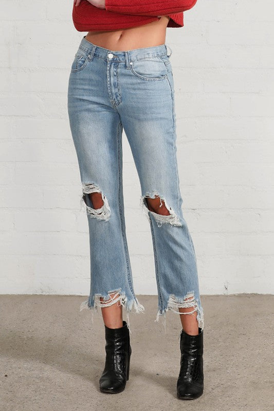 High Waist Ripped Frayed Hem Straight Jeans