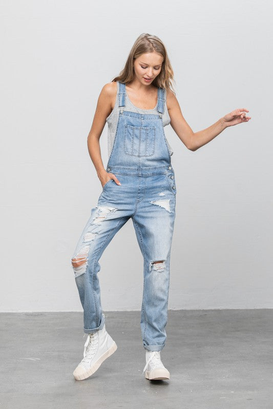 Patch Pocket Ripped Denim Overalls