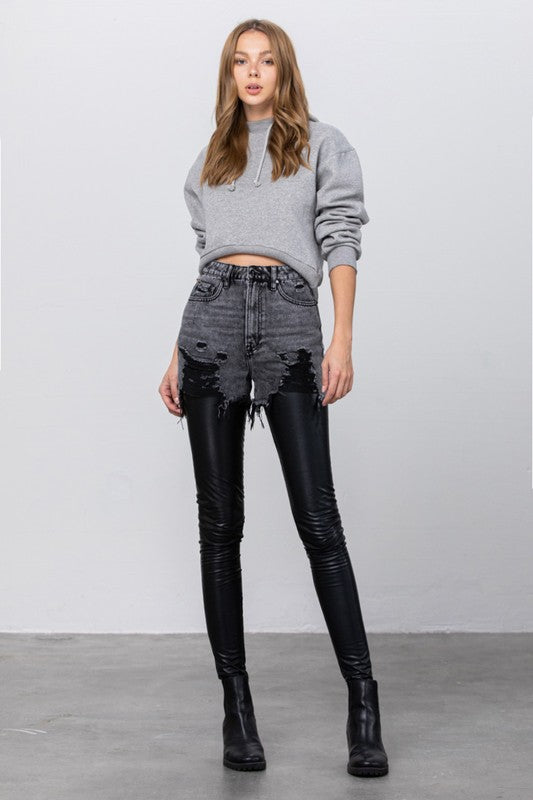 High Rise Leather Combo Denim Pants