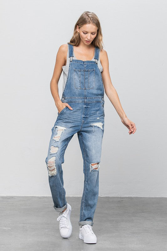 Patch Pocket Ripped Denim Overalls