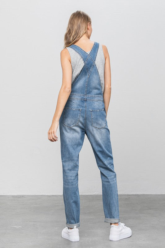 Patch Pocket Ripped Denim Overalls