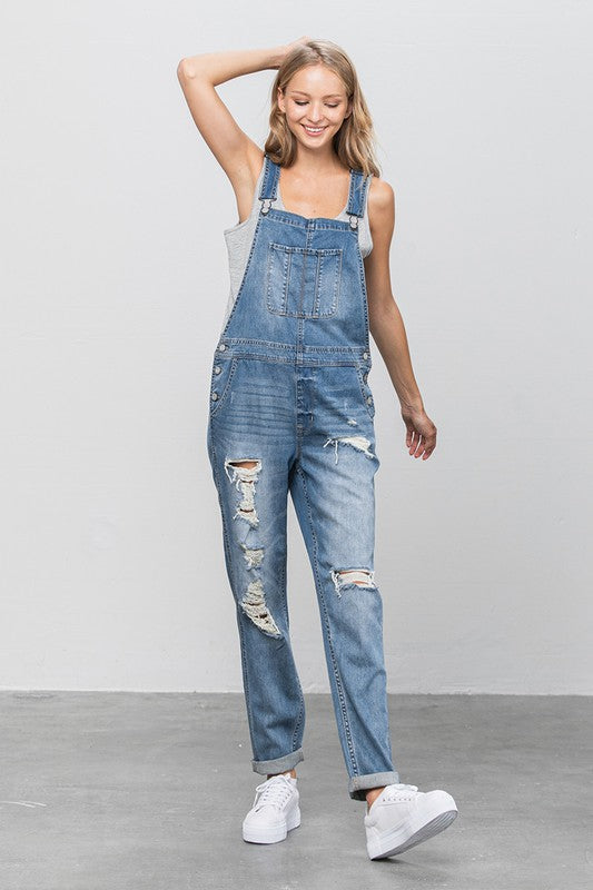 Patch Pocket Ripped Denim Overalls