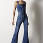 Front Buttons Flare Denim Overalls