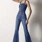 Front Buttons Flare Denim Overalls