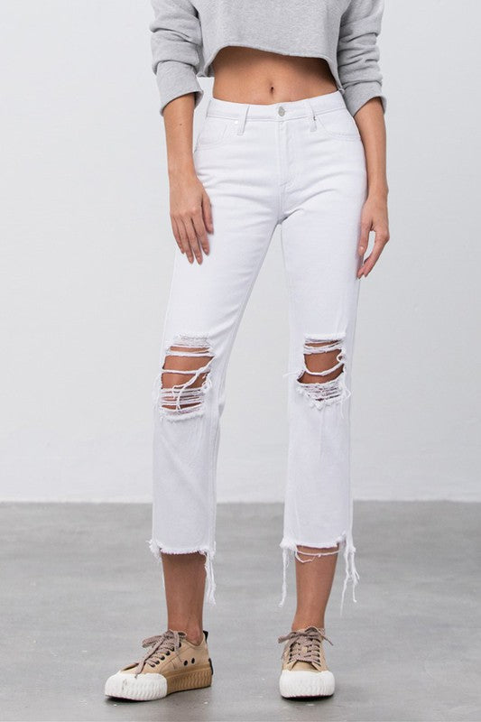 High Waist Ripped Frayed Hem Straight Jeans