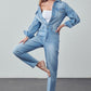 High Waist Flap Pocket Half Button Denim Jumpsuit