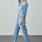 High Waist Flap Pocket Half Button Denim Jumpsuit