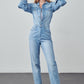 High Waist Flap Pocket Half Button Denim Jumpsuit