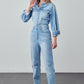 High Waist Flap Pocket Half Button Denim Jumpsuit