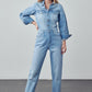 High Waist Flap Pocket Half Button Denim Jumpsuit