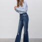 Elastic Banded Long Frayed Flare Jeans