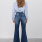 Elastic Banded Long Frayed Flare Jeans