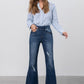 Elastic Banded Long Frayed Flare Jeans