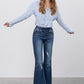 Elastic Banded Long Frayed Flare Jeans