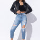 Crop Denim Jacket with Rhinestone Fringe