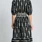 Umgee Bow Tie Print Notched Contrast Velvet Trim Midi Dress