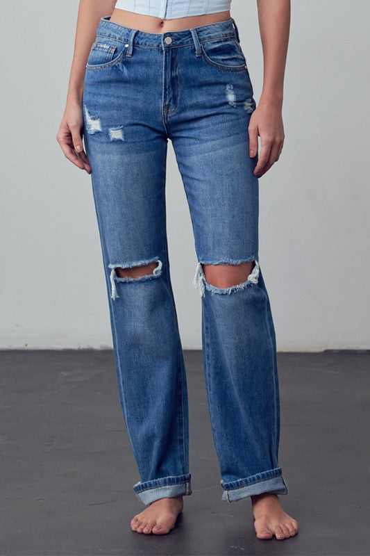 High Waist Ripped Straight Jeans