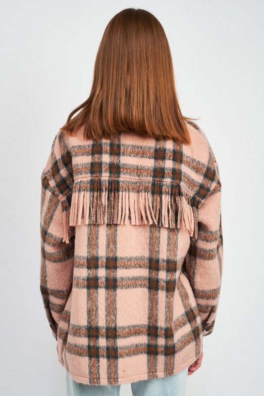 Oversized Plaid Jacket with Fringe