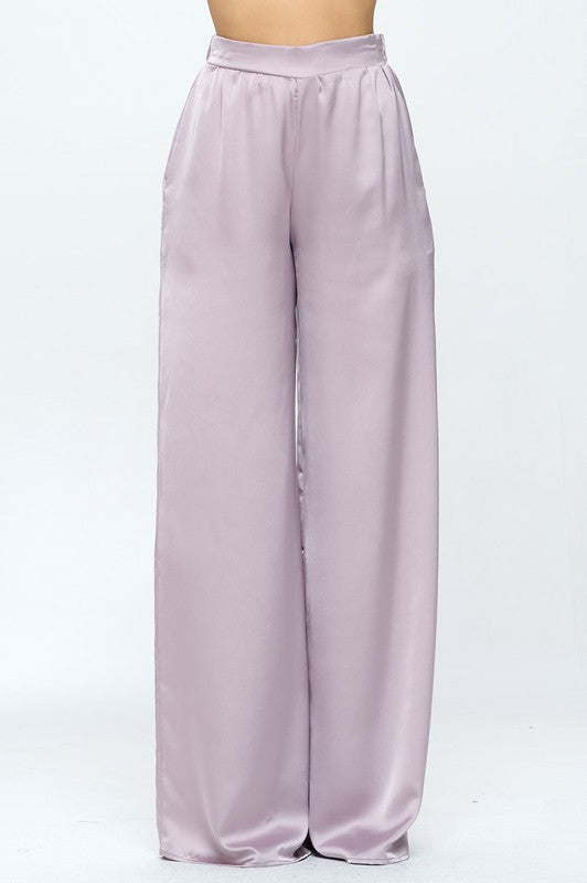 Stretch Satin Pants w/ Elastic Waist and Pockets