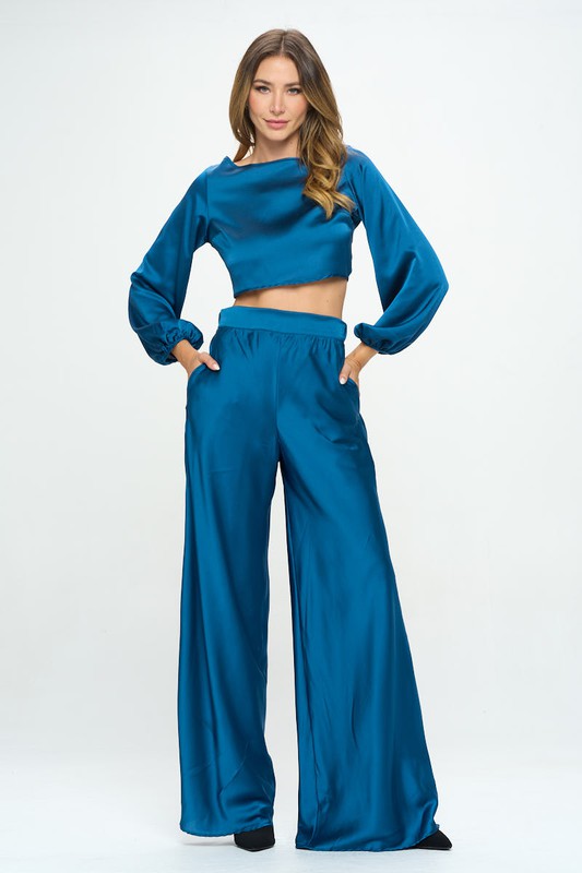 Stretch Satin Pants w/ Elastic Waist and Pockets