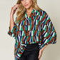 Double Take Full Size Geometric Notched Raglan Sleeve Blouse