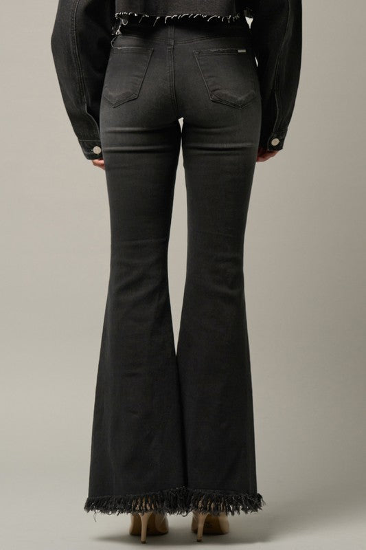 Elastic Banded Long Frayed Flare Jeans