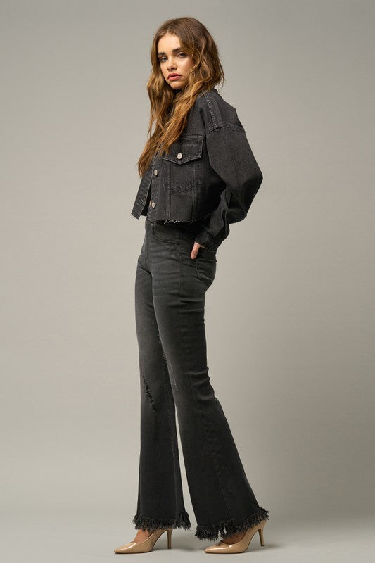 Elastic Banded Long Frayed Flare Jeans