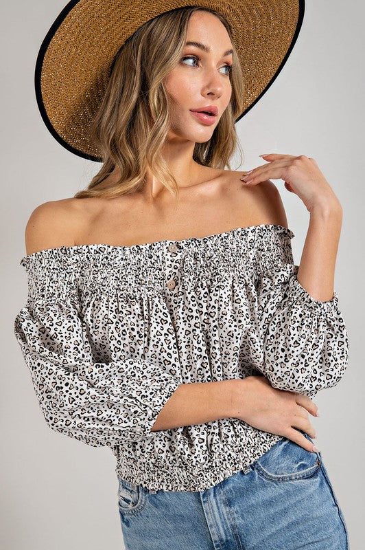 Animal Print Smocked Off the Shoulder Top