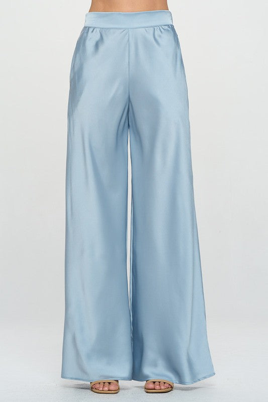 Stretch Satin Pants w/ Elastic Waist and Pockets