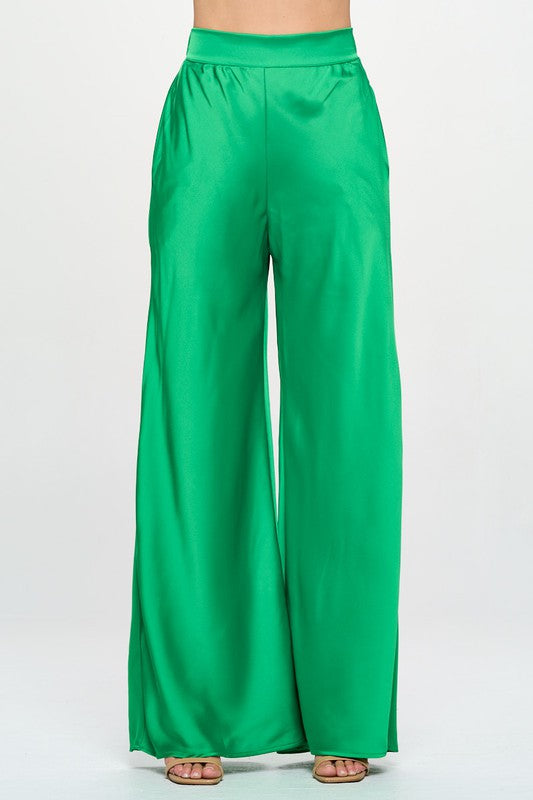 Stretch Satin Pants w/ Elastic Waist and Pockets