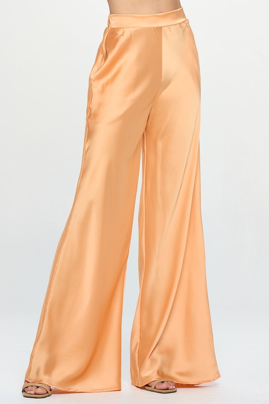 Stretch Satin Pants w/ Elastic Waist and Pockets