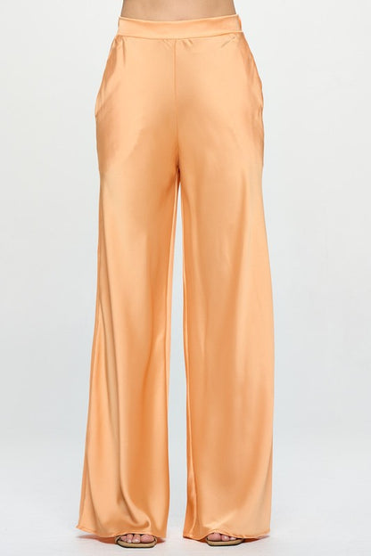 Stretch Satin Pants w/ Elastic Waist and Pockets