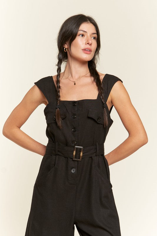 Plus Sleeveless Square Neck Button Ankle Jumpsuit