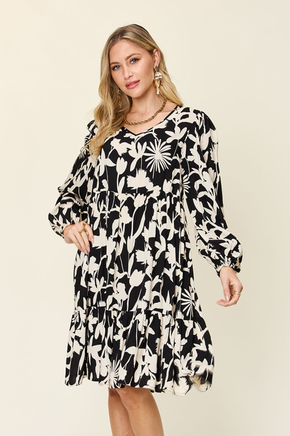 Double Take Full Size Printed Ruffle Hem Long Sleeve Dress