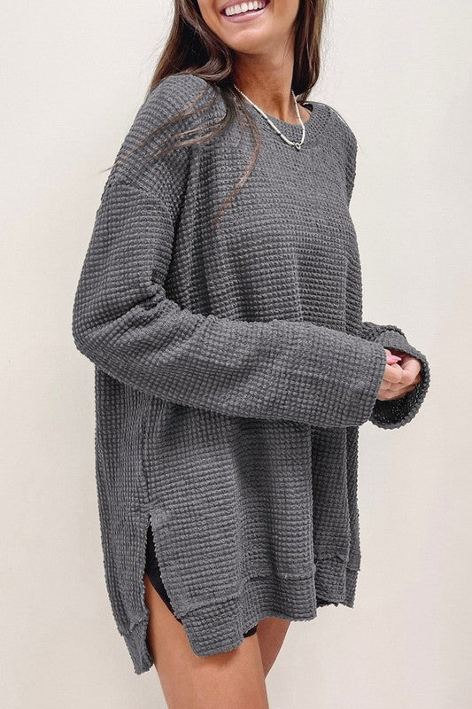 Waffle Knit Drop Sleeve Side Slits Oversized Top