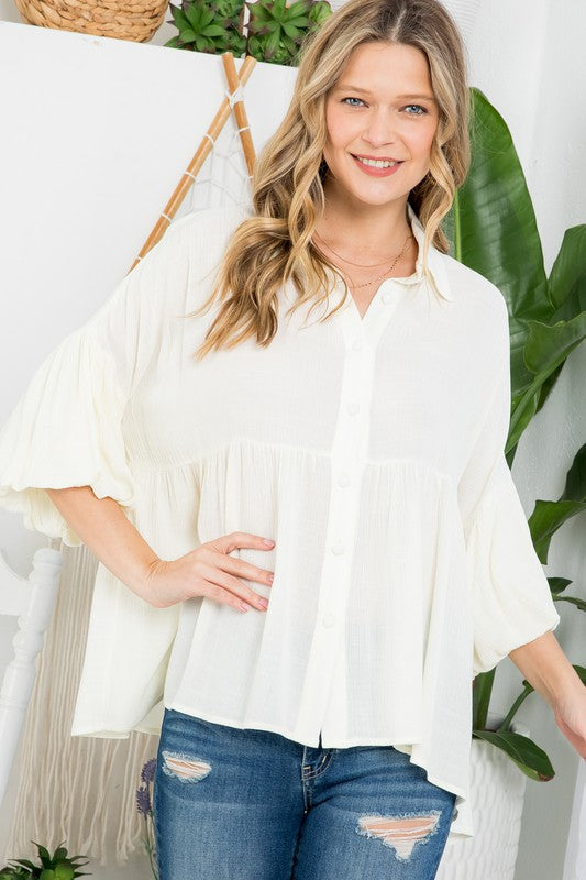 Plus Solid Button Down Blouse