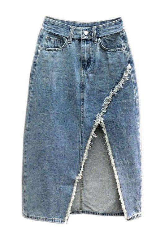 Distressed denim midi skirt