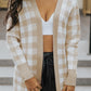 Women Khaki Open Front Plaid Long Cardigan