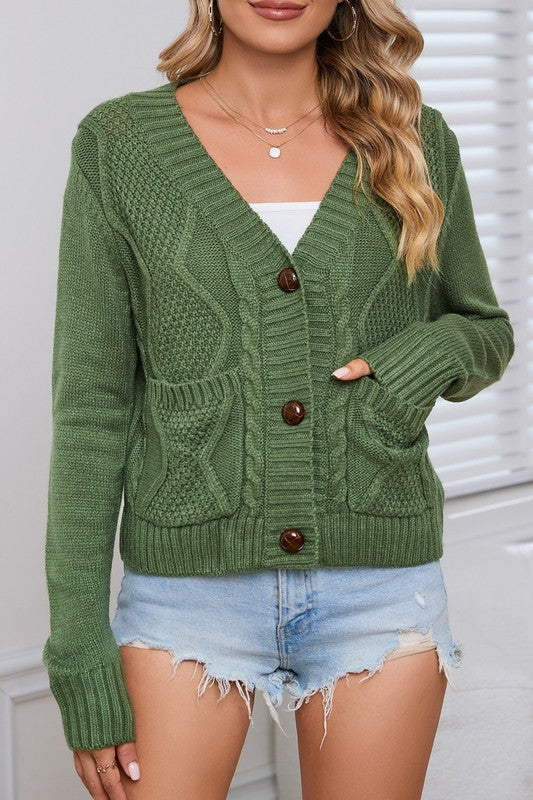 Green Pocket Button Cable Cropped Sweater Cardigan