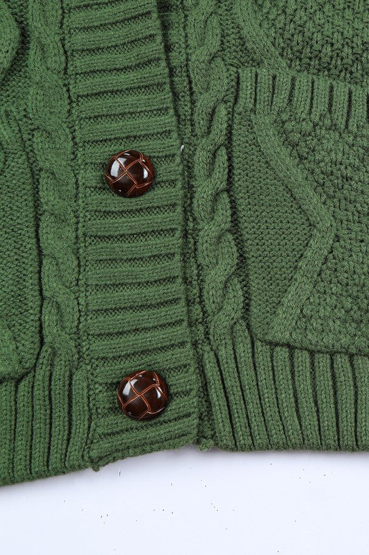 Green Pocket Button Cable Cropped Sweater Cardigan