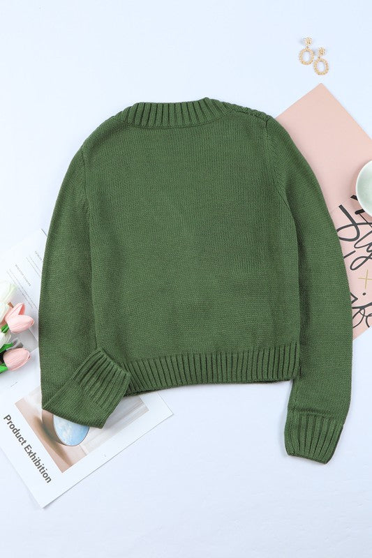 Green Pocket Button Cable Cropped Sweater Cardigan